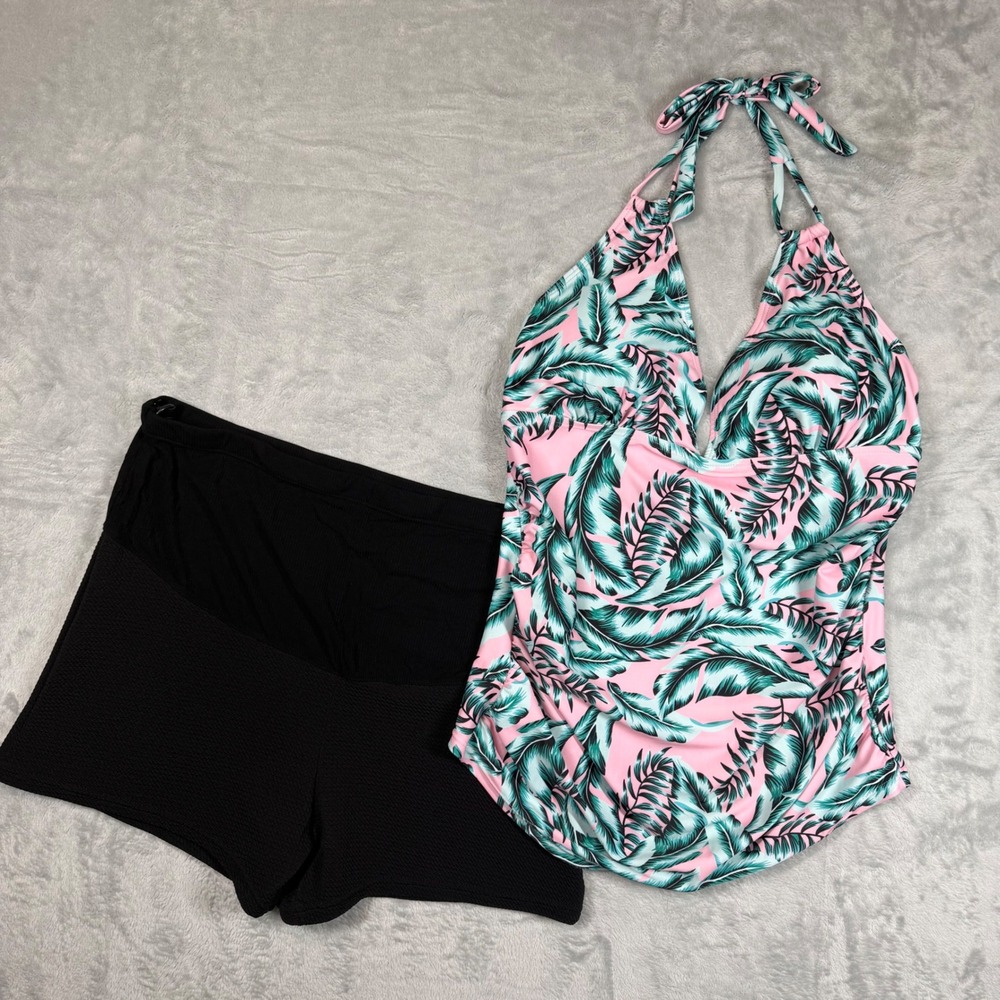 Metalife Maternity Tankini Swimsuit Set Tropical Leaf Print Halter Top Shorts M